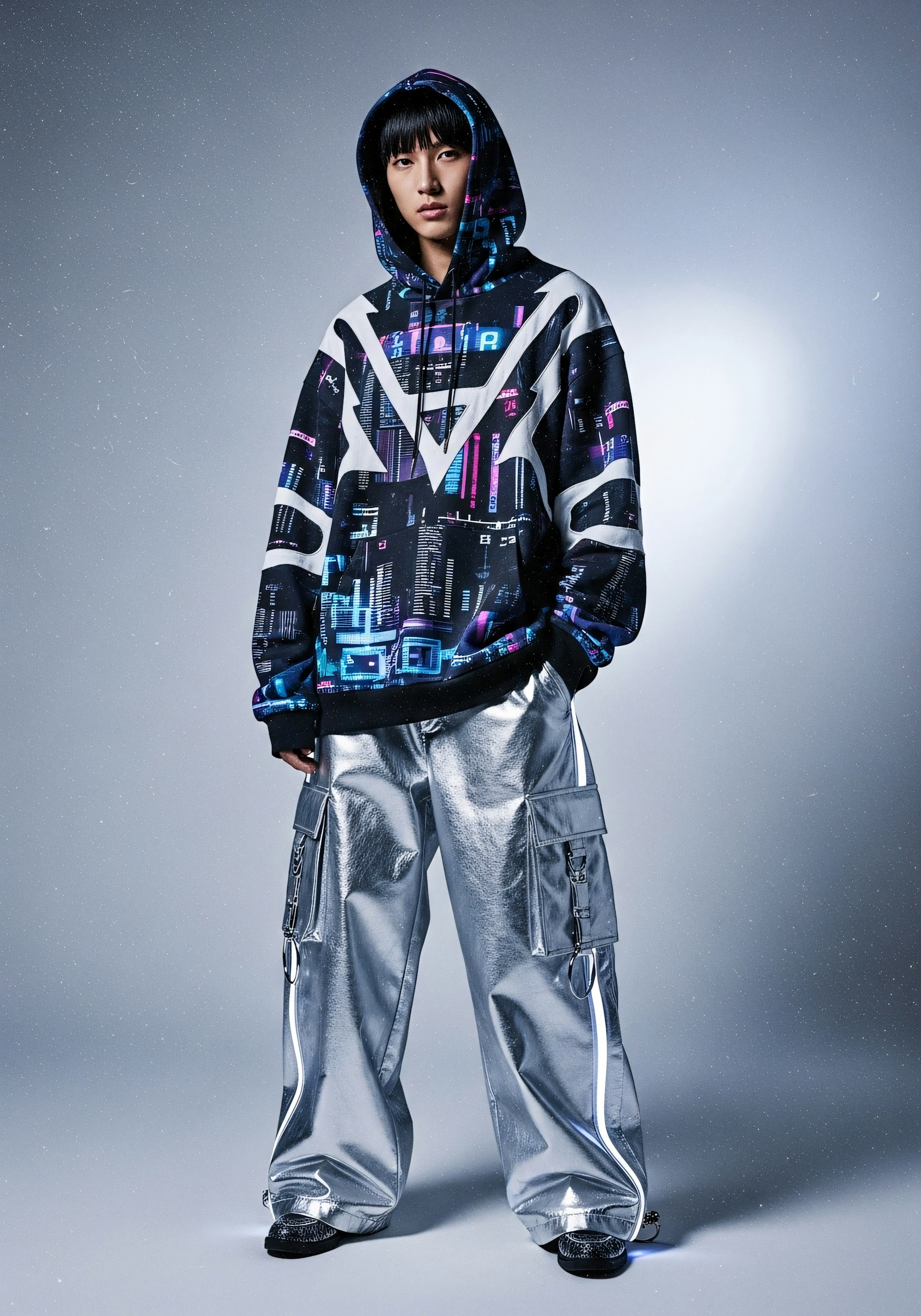 Model in a neon city-print hoodie and silver cargo trousers