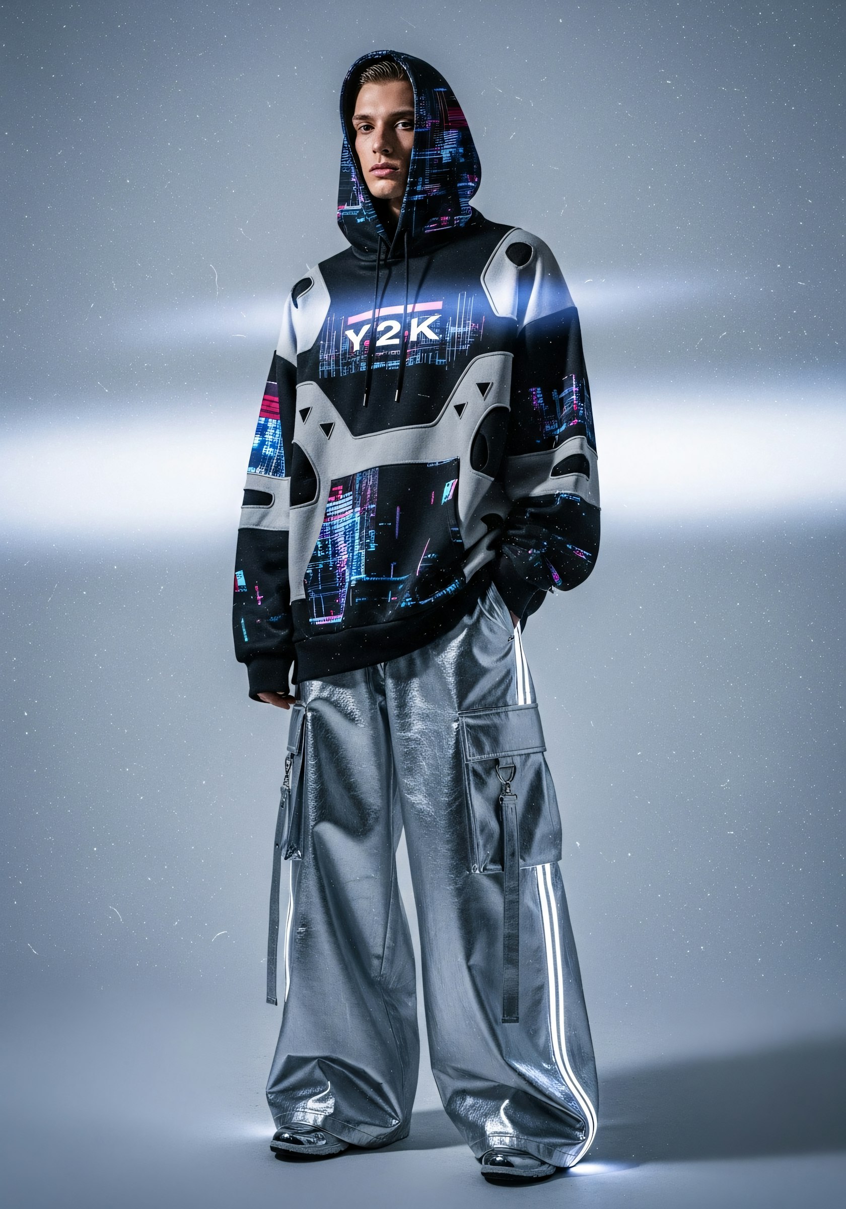 Neon Skyline Hoodie — Oversized hoodie with an all-over neon city print and lightning graphic.