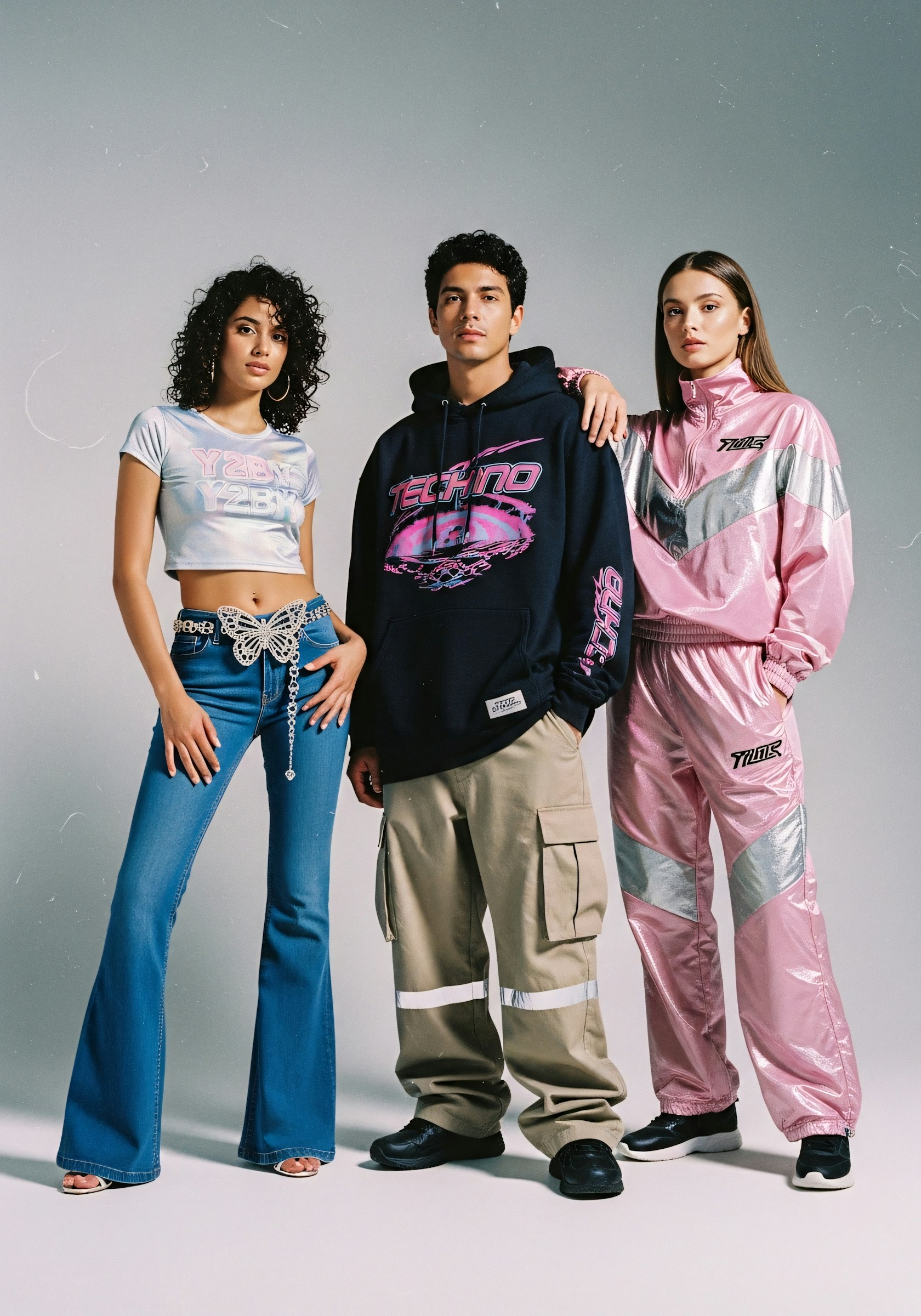 Three models posed together in studio