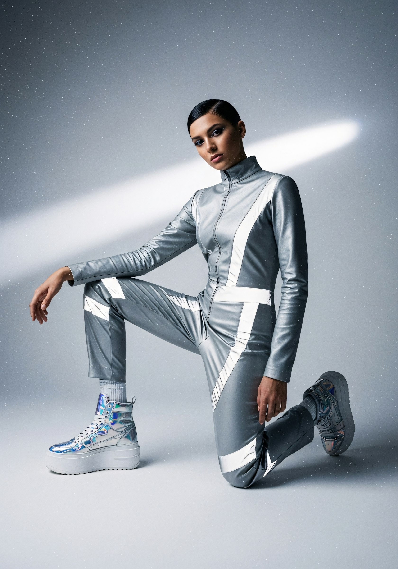 Mirror Plate Jacket — Structured plate-panel jacket in brushed steel tone.