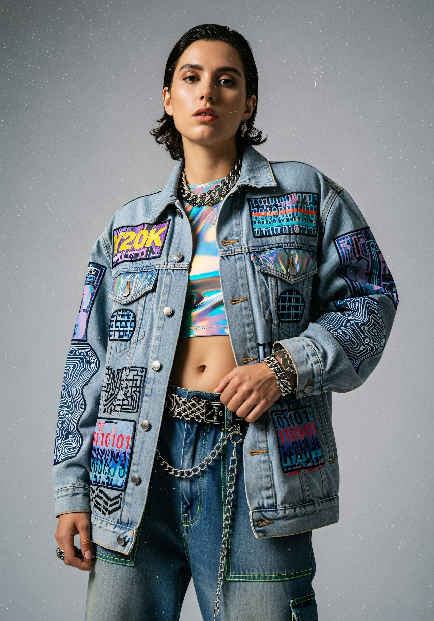 Graffiti Denim Look — Hand-scribbled graphic denim set with mismatched washes.