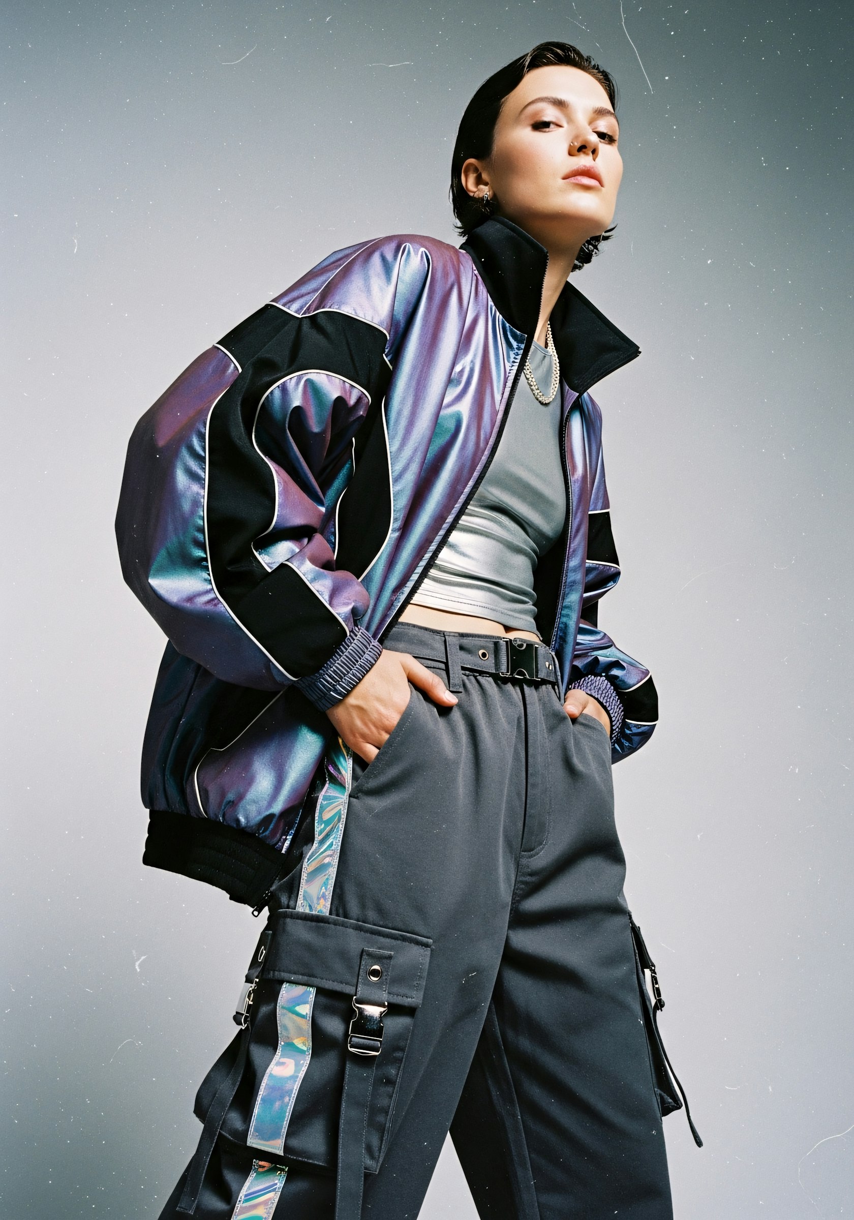 Wide Frame Trouser — Wide-leg metallic trouser cut for maximum movement on set.