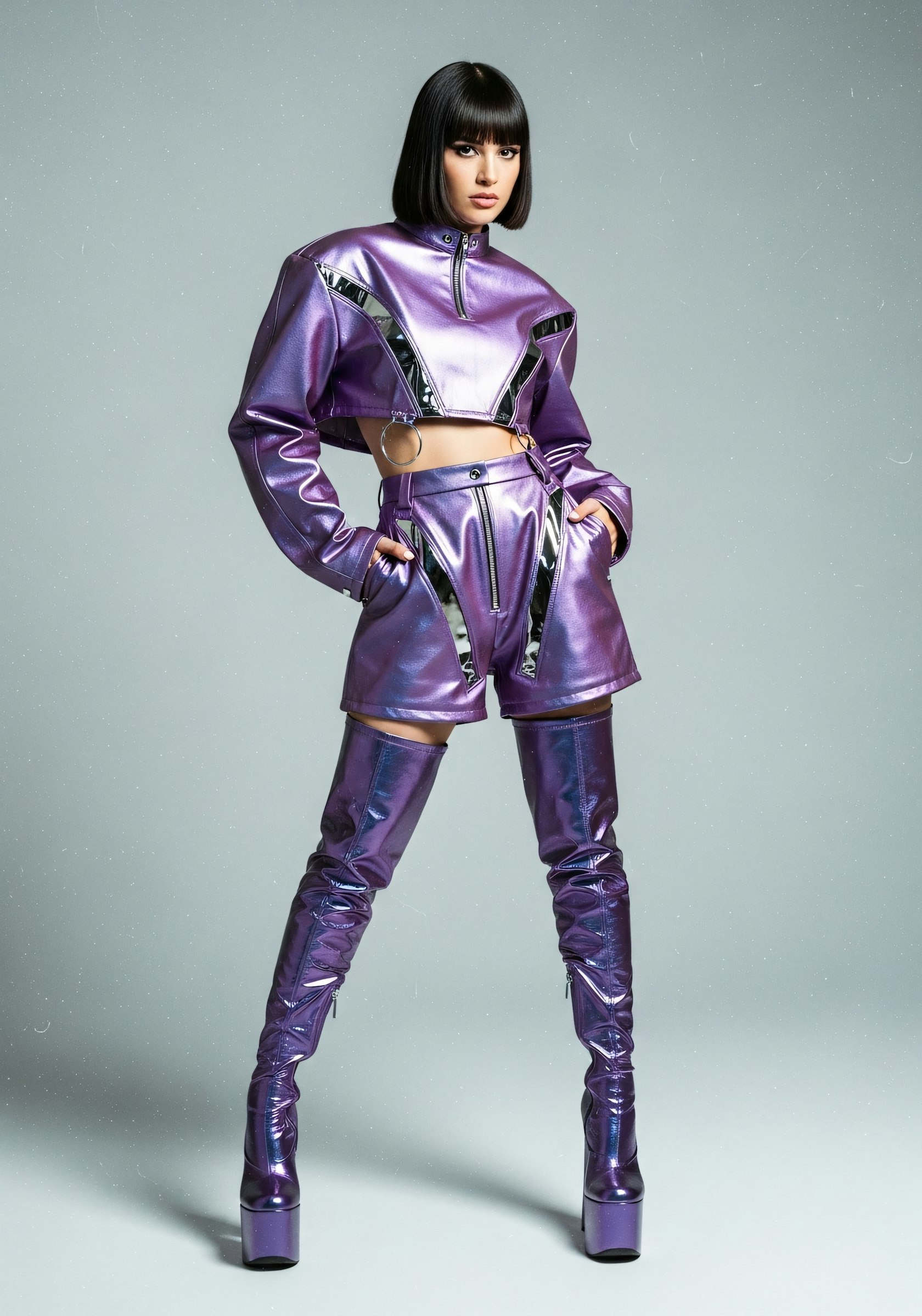 Model in a mirror-finish violet chrome jacket and short set, the cover look for Issue 04