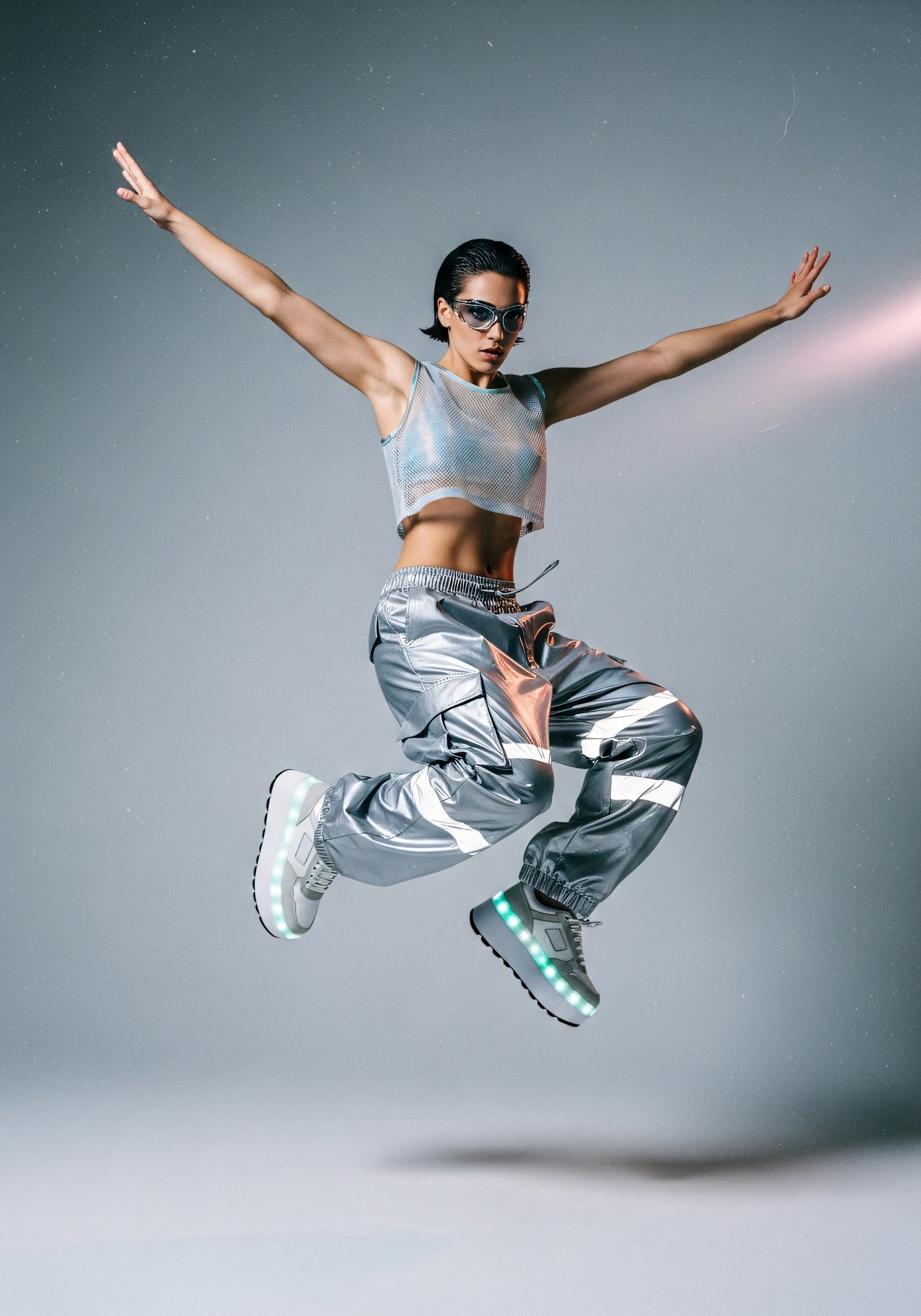 Model captured mid-jump