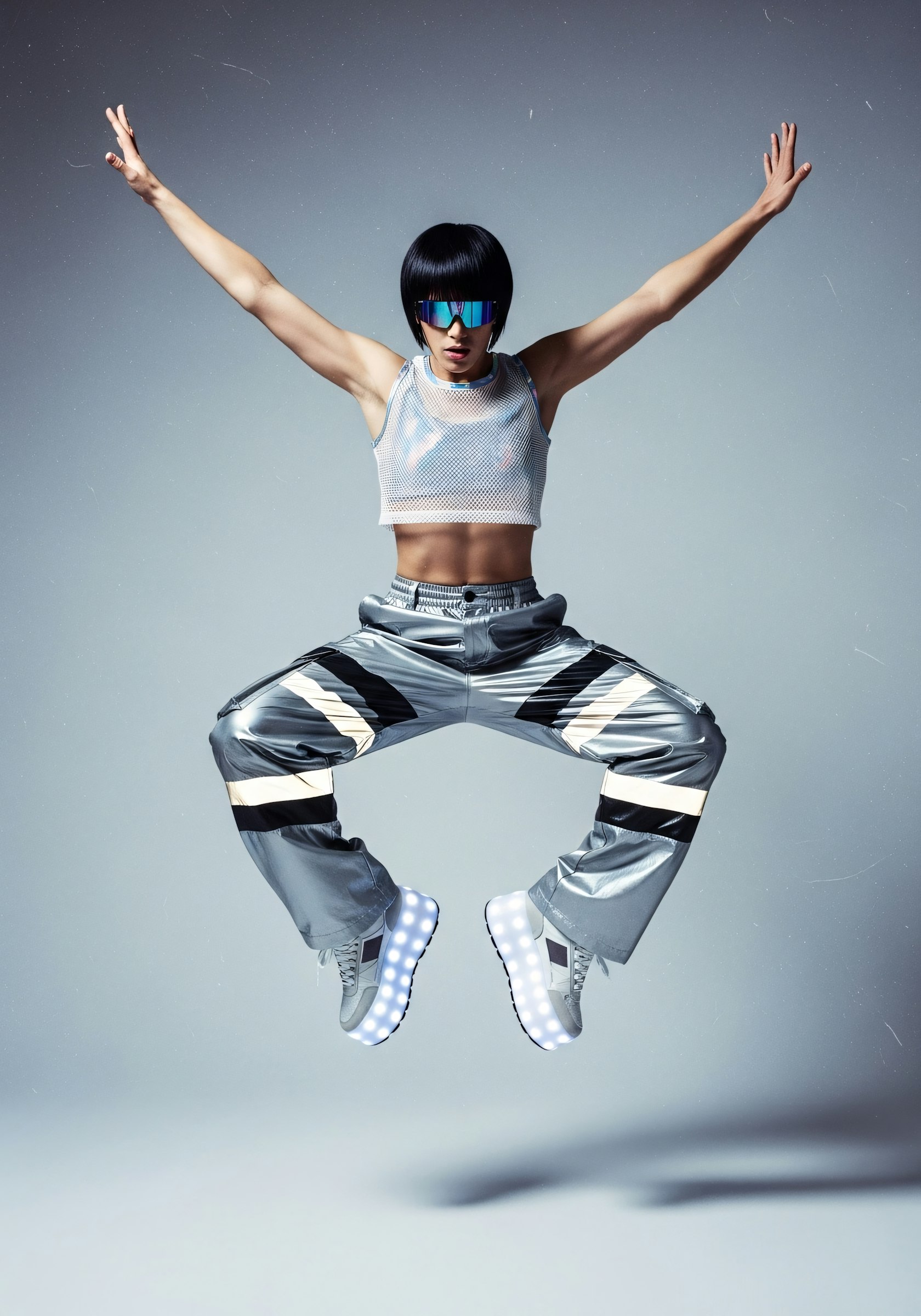 Model in a jump pose, denim look