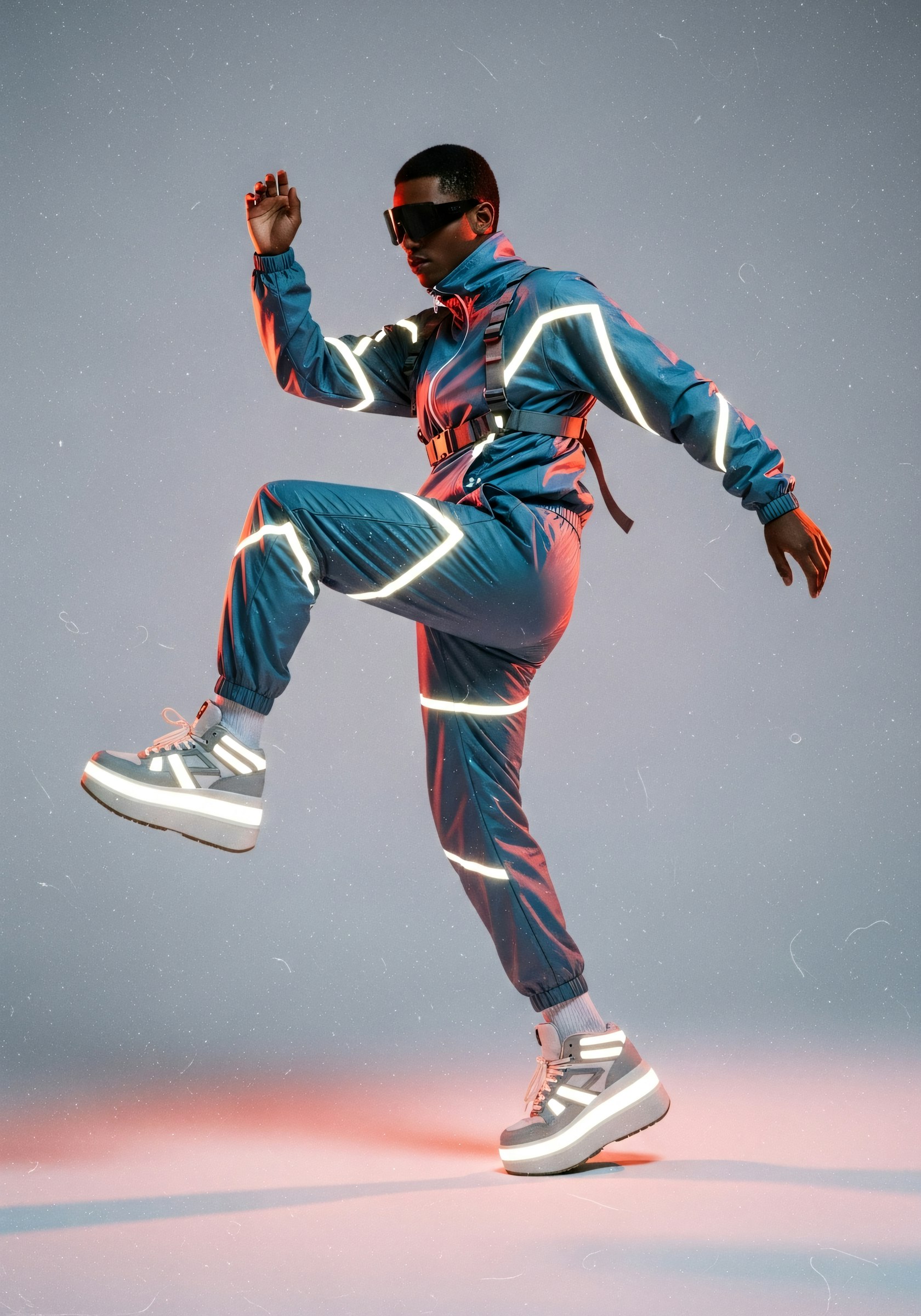 Model mid-motion under neon light
