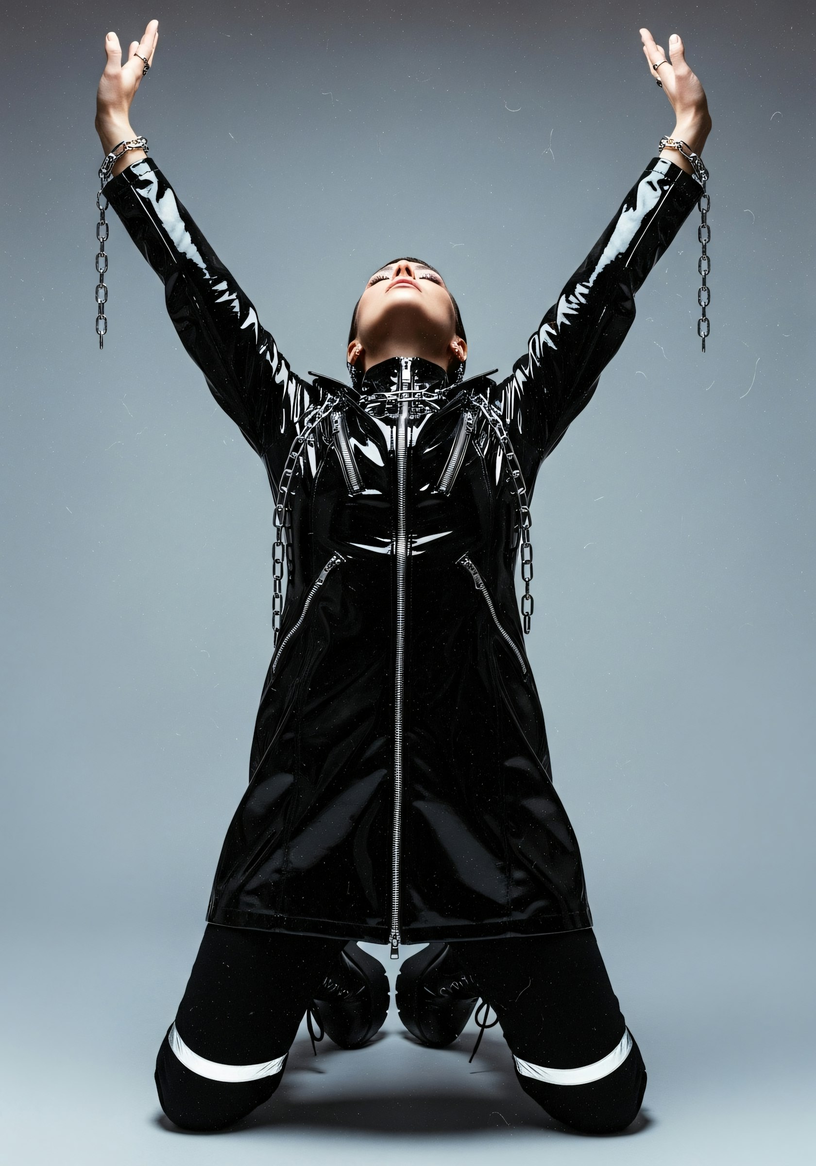 Model posed against a dark studio backdrop