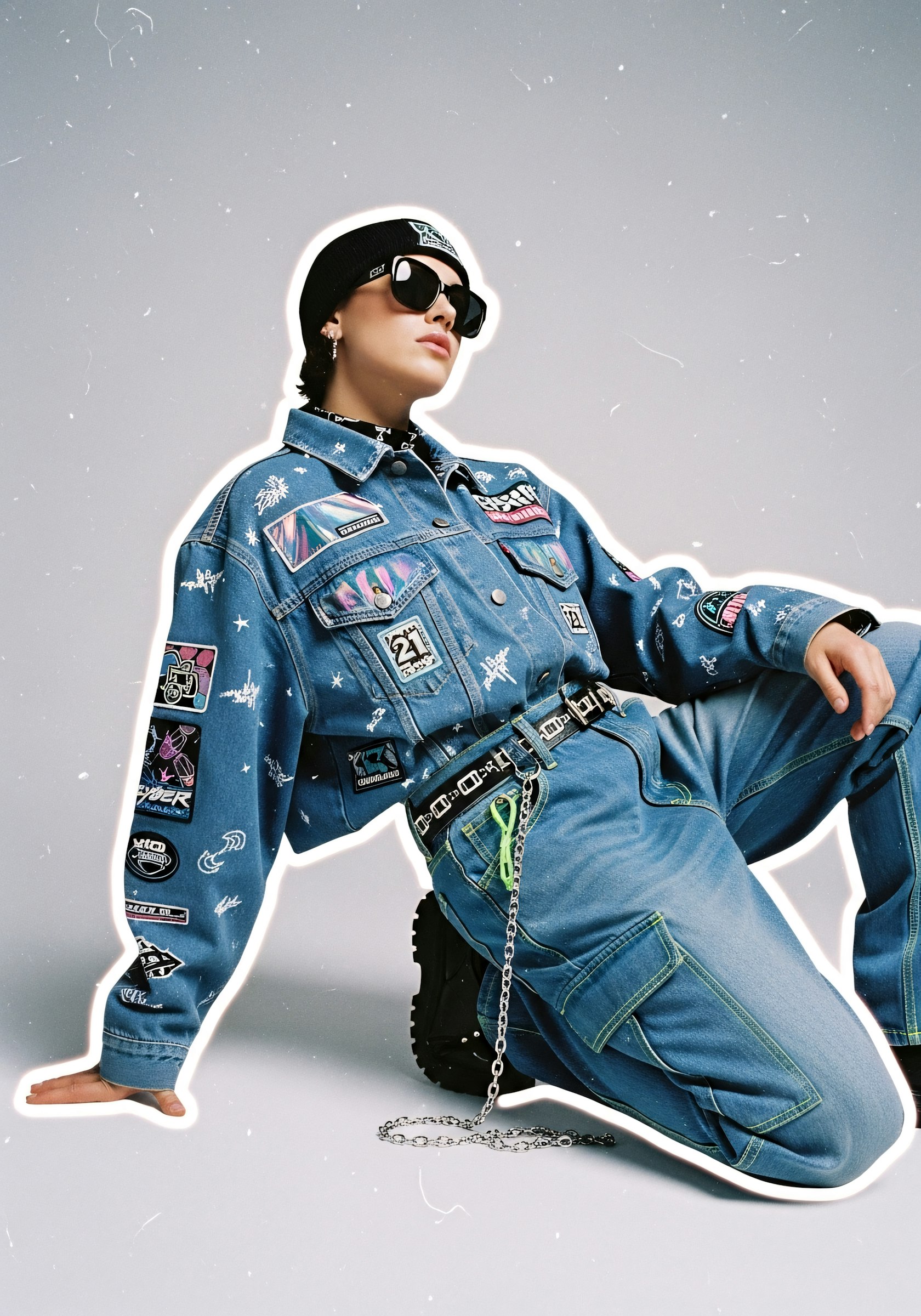 Model in a patched denim jacket covered in stickers