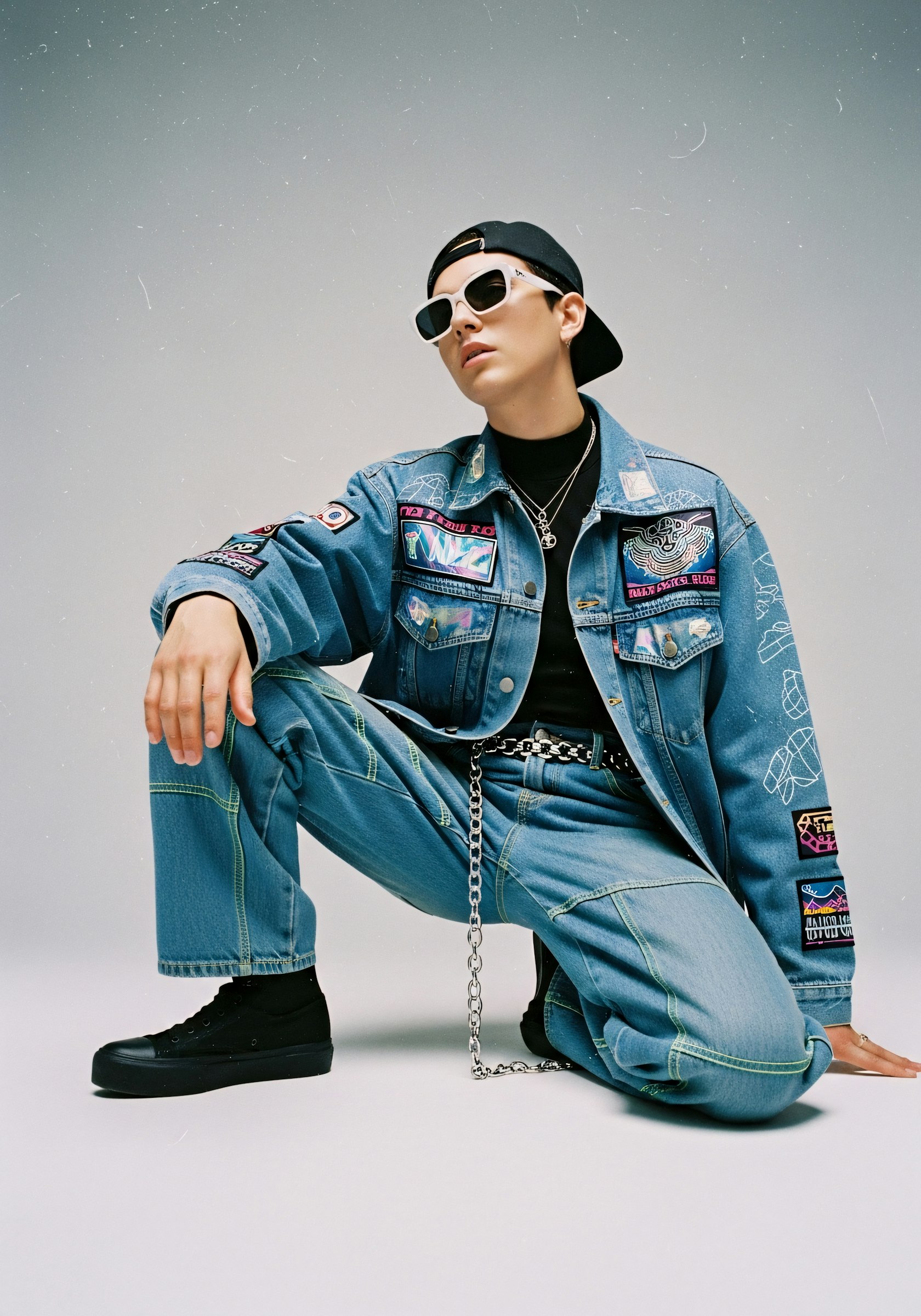 Studio Denim Portrait Look — Straight-leg denim with a fitted patch-pocket vest.